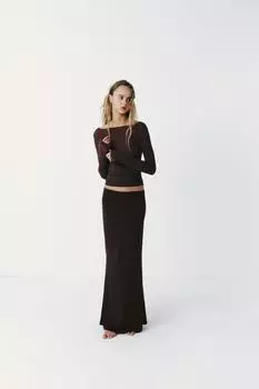 Полупрозрачная футболка с вырезом-лодочкой ZARA, коричневый