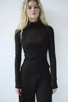 Полупрозрачная футболка с высоким воротом ZARA, черный