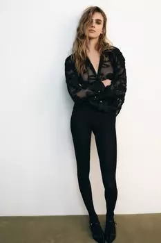Полупрозрачная текстурная рубашка с цветочным узором ZARA, черный