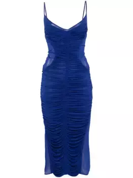 Полупрозрачное платье миди со сборками Mugler, синий