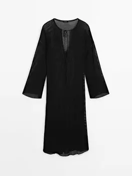 Полупрозрачное трикотажное платье миди в рубчик Massimo Dutti, черный