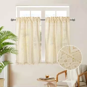 Полупрозрачные шторы с кисточками, карманные шторы, кухонные шторы в стиле кантри, гостиная, 1 шт., 140x100 см Qelus, бежевый