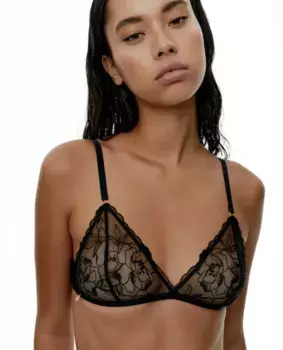 Полупрозрачный кружевной бюстгальтер с треугольными чашками и цветочным принтом Black Limba, черный