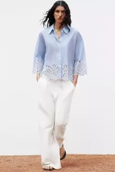Поплиновая рубашка с ажурной вышивкой ZARA, цвет Blue/White