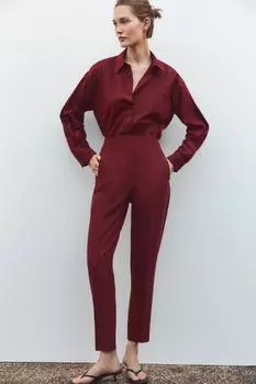 Поплиновая рубашка с плиссированными манжетами ZARA, бордовый