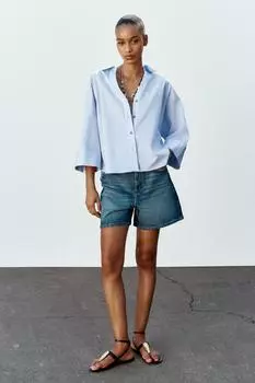 Поплиновая рубашка с широкими рукавами ZARA, цвет Light sky blue