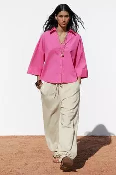 Поплиновая рубашка с широкими рукавами ZARA, цвет Fuchsia