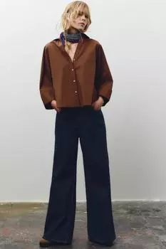 Поплиновая рубашка с широкими рукавами ZARA, коричневый