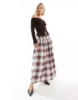 Поплиновая юбка макси с присборенной талией в клетку ASOS DESIGN