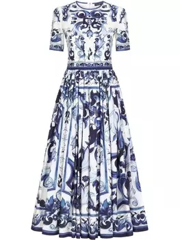 Поплиновое платье макси с принтом Majolica Dolce & Gabbana, синий