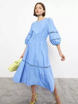 Поплиновое женское платье с круглым вырезом и вышивкой с пышными рукавами LCW Casual