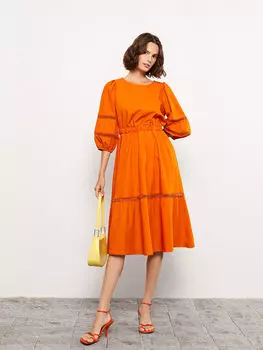 Поплиновое женское платье с круглым вырезом и вышивкой с пышными рукавами LCW Casual