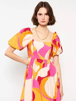 Поплиновое женское платье с квадратным вырезом и узором с пышными рукавами LCW Casual