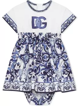 Поплиновый ромпер с принтом Majolica Dolce & Gabbana Kids, синий