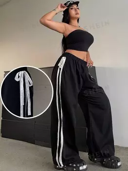 POPSWAY Брюки-джоггеры больших размеров на шнуровке с эластичной резинкой на талии, боковыми разрезами и кулиской по низу Shein, черный
