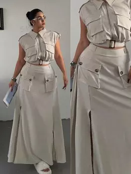 POPSWAY Комплект из 2 предметов: короткий топ без рукавов на молнии и юбка с высокой талией, вырез Shein, абрикосовый