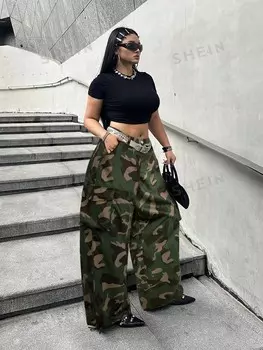 POPSWAY Модные широкие брюки-карго больших размеров с камуфляжным принтом Shein, мультиколор