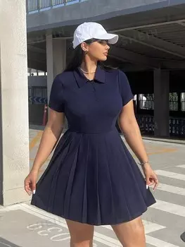 POPSWAY Однотонное Летнее платье со складками больших размеров Shein, темно-синий