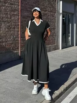 POPSWAY Платье больших размеров с цветными блоками и короткими рукавами на талии, затянутое на талию Shein, черно-белый