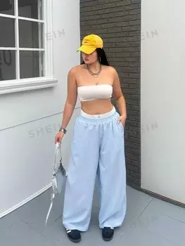 POPSWAY Женские брюки больших размеров с эластичным поясом в сине-белую полоску больших размеров Shein, синий/белый