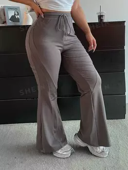 POPSWAY Женские спортивные штаны большого размера, однотонные, с завязкой на талии, с рюшами, можно носить как наряд из ткани тмина Shein, хаки