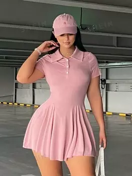 POPSWAY Женское платье с большой талией, короткая юбка, короткий рукав, простой воротник-поло, на лето Shein, пастельно-розовый