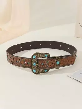 Пояс винтажный с резьбой, коричневый