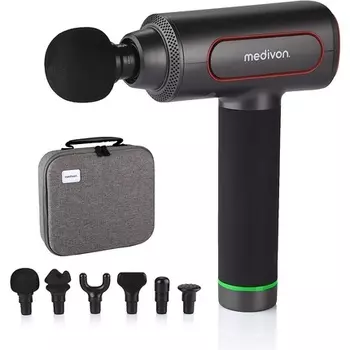Портативный массажный пистолет Gun Pro с 6 массажными головками, тихий мотор, глубокий массаж для мышц спины, шеи, ног и рук, черный, Medivon