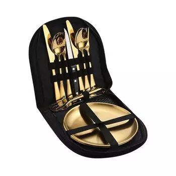 Портативный набор столовых приборов, набор для пикника, набор уличной посуды из нержавеющей стали с ложкой, вилкой, зажимом для ножа, для кемпинга, пикника, путешествий, пешего туризма, 2 человека (золотой) yozhiqu
