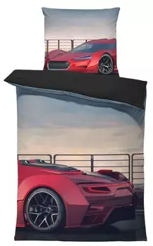 Постельное белье 135х200 см и 80х80 см. Пододеяльник из микрофибры современный фотопринт, цвет: гоночный автомобиль красный черный, размер: 2 шт. 135х200 см One-Home