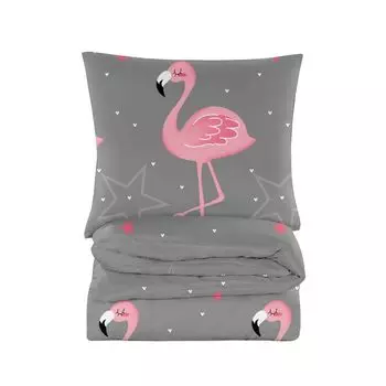 Постельное белье 135х200 см - постельное белье из хлопка - комплекты постельного белья из 2 предметов - пододеяльник 135х200 см и 1 наволочка 70х80 см - серый, розовый фламинго Cotton Market