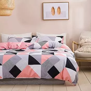 Постельное белье 135x200 Геометрический розовый, серый, черный, белый, в клетку, комплект из 2 пододеяльников из мягкой микрофибры, двусторонние одеяла - 1 пододеяльник 135 x 200 см + наволочки OD19