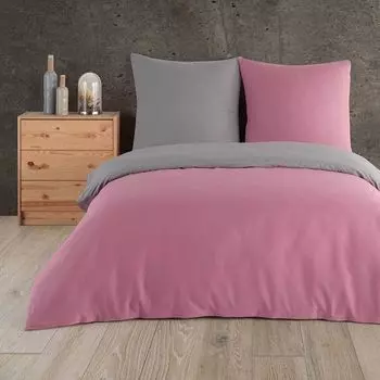 Постельное белье 155х220 + 80х80 см. 100% хлопок Renforce однотонный двусторонний комплект постельного белья из 2 предметов, пододеяльник на молнии, старый розовый/антрацитовый серый Buymax