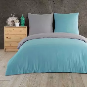 Постельное белье 200х200 + 2 х 80х80 см. 100% хлопок Renforce Uni двусторонний комплект постельного белья из 3 предметов, пододеяльник на молнии, светлый бирюзовый/антрацитовый серый Buymax