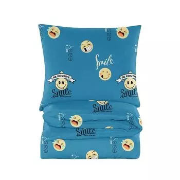 Постельное белье 200х200 см - постельное белье из хлопка - комплекты постельного белья из 2 предметов - пододеяльник 200х200 см и 2 наволочки 70х80 см - синий, улыбка Cotton Market