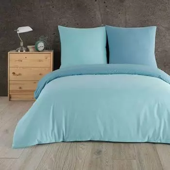 Постельное белье 200х220 + 2 х 80х80 см. 100% хлопок Renforce Uni двусторонний комплект постельного белья из 3 предметов, пододеяльник на молнии мятный/светло-бирюзовый Buymax