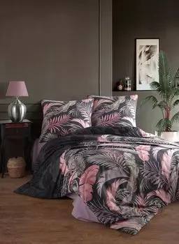 Постельное белье 200х220 см. Комплект из 3 предметов, черный, с цветочным принтом, 100 % хлопок/ренфорс, Hena Yadetextil