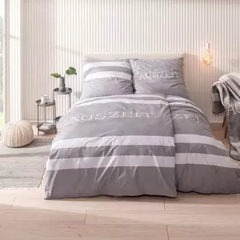 Постельное белье Auszeit 80х80 + 135х200 см 2 шт., 100% хлопок на льне, серые полоски с надписью «Auszeit». Комплект постельного белья TRAUMHELDEN