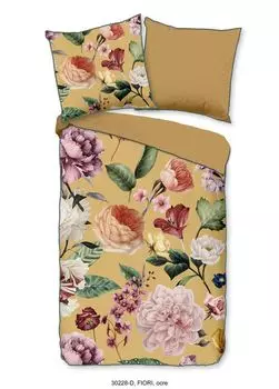 Постельное белье Descanso с окантовкой и цветами - 200x200 см - 100 % органический хлопок Muller Textil, охра