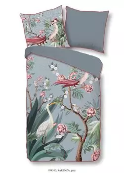 Постельное белье Descanso "Sarenza" с журавлем с цветами - серый - 135 х 200 см - органический 100% хлопок/сатин Muller Textil