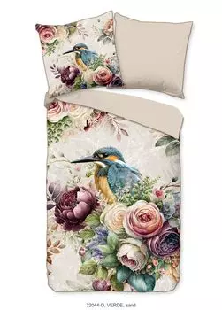 Постельное белье Descanso "Верде" с цветами и птицами - песок - 135 х 200 см - 100% хлопок/сатин Muller Textil