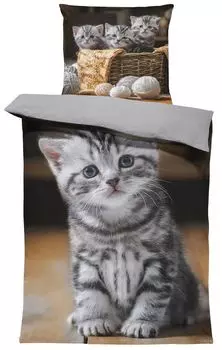 Постельное белье для кошек 135х200 см, милый кот, щенок, малыш, котенок, серое, двустороннее микрофибра One-Home