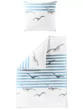 Постельное белье Dream Castle из сирсакера - 3833-20 - синий, чайки на белом фоне с синими полосками 200 х 200 см Чайки на белом фоне с синими полосками Traumschloss