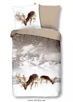 Постельное белье Good Morning "Зима" с оленями в зимнем пейзаже - песок - 155 х 220 см - 100% хлопок/фланель (бобер) Muller Textil