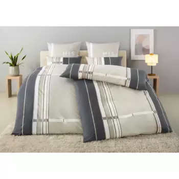 Постельное белье H.I.S» размера «Гольфи». 135х200 или 155х220 см", постельное белье из хлопка, спортивное постельное белье в полоску, антрацит