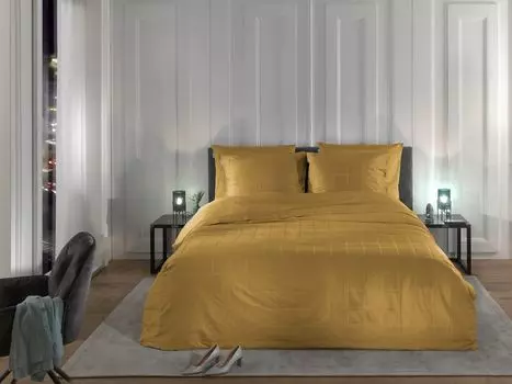 Постельное белье Heckett & Lane Mako сатин 135x200 Diamante Amber Gold в двустороннюю клетку однотонное