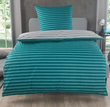 Постельное белье хлопок 135х200 см, комплект из 2 предметов, рисунок в полоску, двусторонний пододеяльник 135х200 см, наволочка 80х80, Renforce, дышащий, элегантный бирюзовыйовый Dreamhome