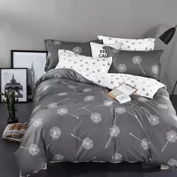 Постельное белье хлопок 155х220см, пододеяльник, наволочка 80х80см, комплект из 2 предметов серые одуванчики на молнии KEAYOO