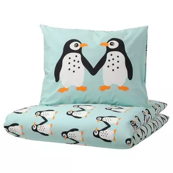 Постельное белье Ikea Blavingad Duvet Cover And Pillowcase Penguin Pattern, 150x200/50x60 см, бирюзовый