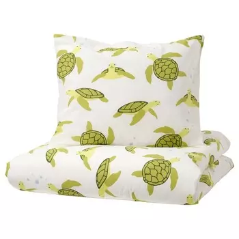 Постельное белье Ikea Blavingad Duvet Cover And Pillowcase Turtle Pattern, 150x200/50x60 см, зеленый/белый